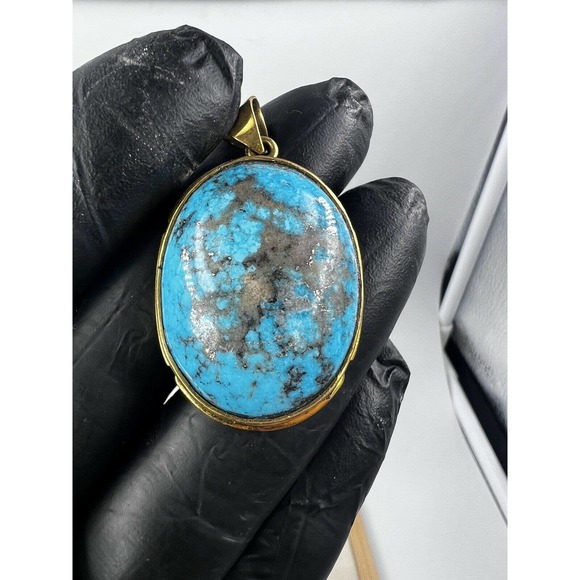 Natural Turquoise Pendant Metal Brass Handmade With Rope - Picture 10 of 11